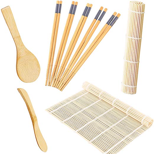STARUBY Sushi Making Kit Includes 2 Sushi Rolling Sushi Mats, Rice Paddle, Rice Spreader 5 Pairs Bamboo Chopsticks Sushi Set