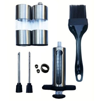ekSel Marinade Injector Set with needles Stainless Steel plus BPA free Silicone Basting Brush and Pepper Mill & Salt Shaker