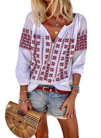 FARYSAYS Women's Boho Embroidered V Neck Long Sleeve Casual T-Shirt Tops Loose Blouse