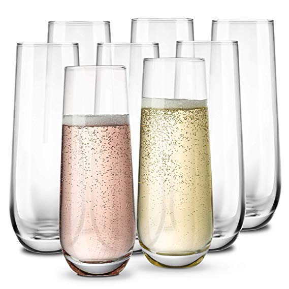 Stemless Champagne Flutes, by KooK, Durable Glass, Set of 8, 10.5oz