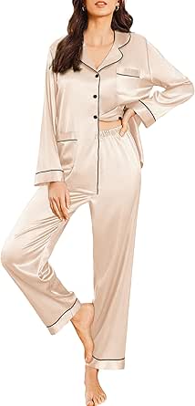 Ekouaer Silk Pajamas for Women Classic Button Down Satin Pajama Sets Long Sleeve Lounge Set