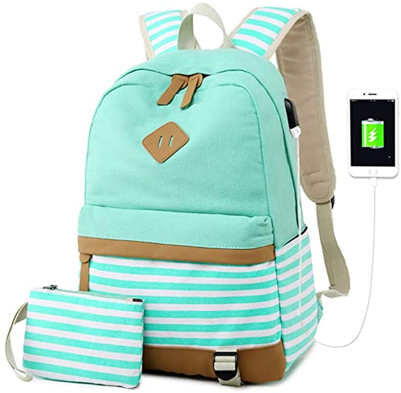 Women Backpack Laptop Fashion Travel USB Charging Bag for Teenager Girls College Student School Canvas Rucksack Casual Daypack Fit 15.6 Inch Notebook Striped Small (4-Green)