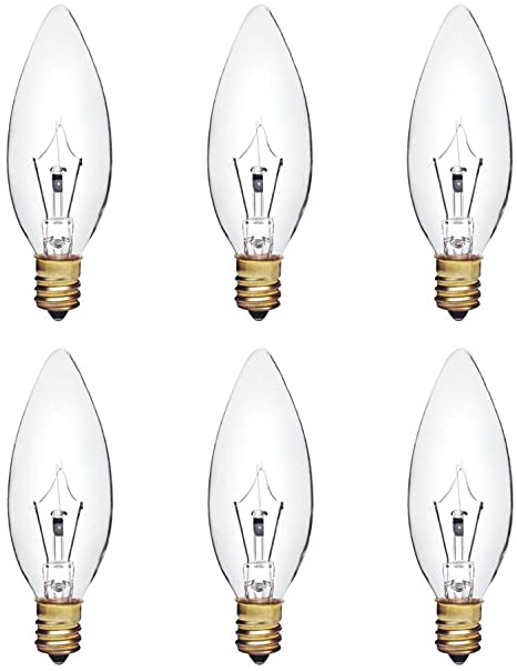 25W B8 Incandescent Clear Chandelier Light Bulb, Torpedo Tip, E12 Candelabra Base, 160 Lumens, Dimmable, 120V, (6 Pack)