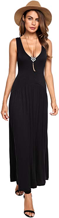 Beyove Women's V-Neck Stretchy Loose Fit Tank Racerback Pleated Casual Sexy Maxi Dress