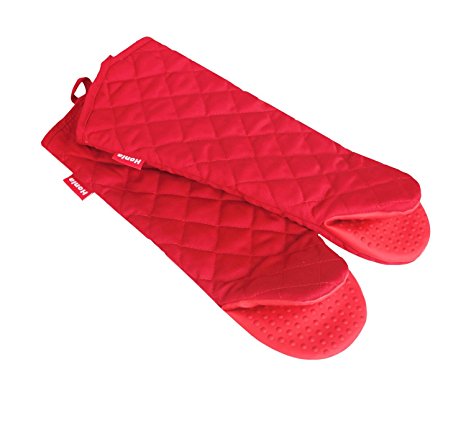 Honla 17-Inch Extra Long Oven Mitts with Silicone Grip,Heat Resistant to 500° F Hot Mits,Quilted Cotton&Terry Cloth Lining Pan/Pot Holder/Potholder,Red,1 Pair Kitchen Mittens/Glove for Cooking,Baking