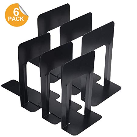 MIKIKI 3 Pairs Heavy Gauge Steel Universal Economy Bookends (Total of 6 Each), 5-7/8 x 8-1/4 x 9 Inch, Metal, Non-Skid Base, Black.