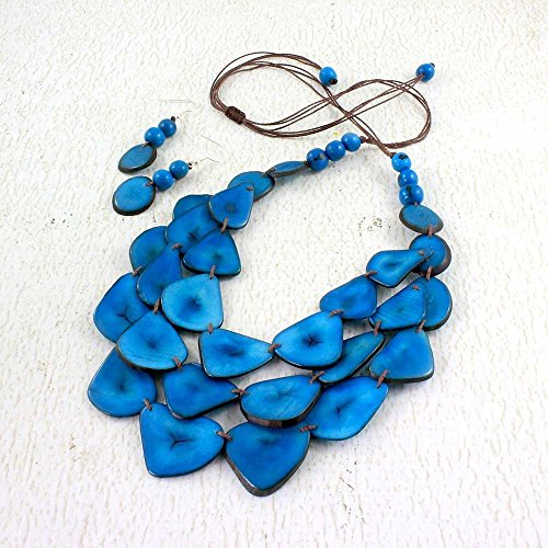Blue Multi Strand Bib Necklace Set made of Tagua, Multi Strand Eco Friendly Fair Trade Jewelry