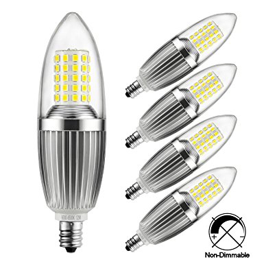 HzSane Candelabra LED Bulbs, 12W Daylight White 6500K LED Candle Bulbs, 85-100 Watt Light Bulbs Equivalent, E12 Candelabra Base,1200 Lumens LED Lights,Torpedo Shape (Pack of 5)