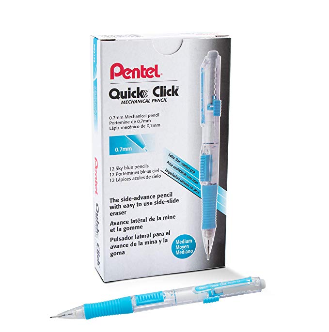 Pentel QUICK CLICK Mechanical Pencil (0.7mm), Sky Blue Barrel, Box of 12, (PD217S)