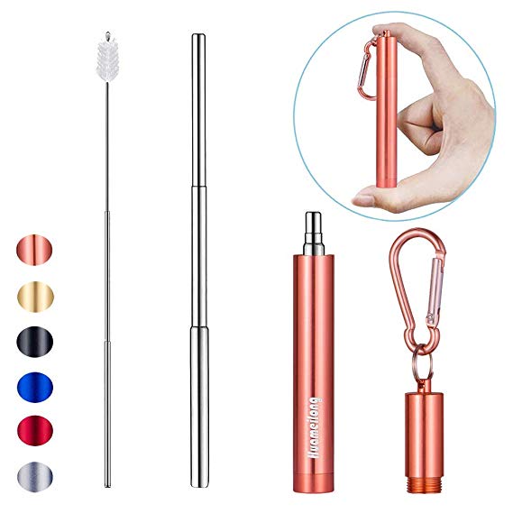 [Updated] Portable Collapsible Reusable Straws - Telescopic Stainless Steel Metal Drinking Straw with Case, Cleaning Brush and Keychain, by Huameilong (Rose Gold)