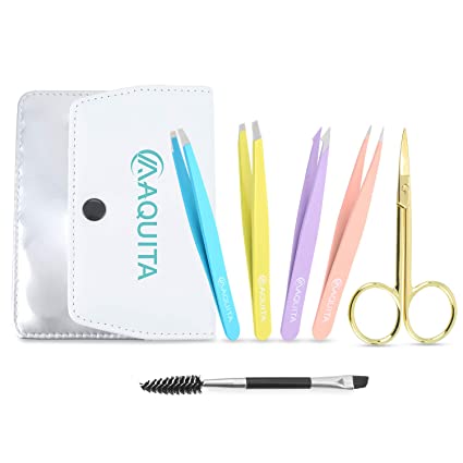 MAQUITA Stainless Steel Professional Eyebrow Tweezers Daily Beauty Tools for Hair Removal,Pointed -Slant-Slant Pointed-Classic Tweezers High Precision Scissor Eyebrow Brush 6Pcs Leather Case Gift Set