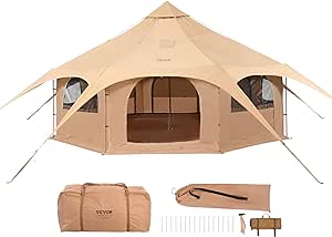 VEVOR Canvas Bell Tent, 4 Seasons Yurt Tent, Canvas Tent for Camping with Stove Jack, Breathable Tent Holds up to 4-10 People, Family Camping Outdoor Hunting Party