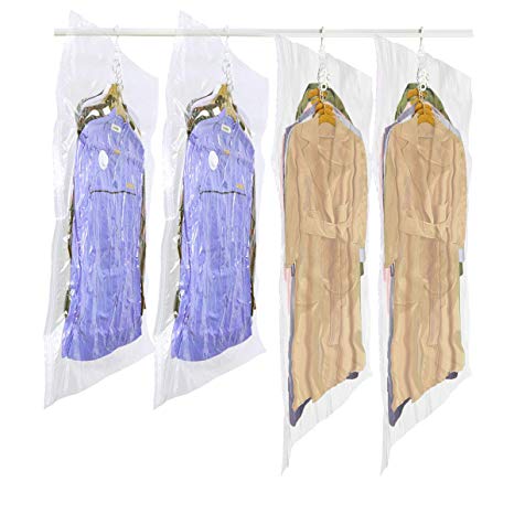 FullPlus Hanging Vacuum Storage Bag Space Saver Bags for Clothers, Vacuum Seal Clear Bags for Dress, Set of 4 (2 Long 53"x27"   2 Short 41"x27"), Closet Organizer