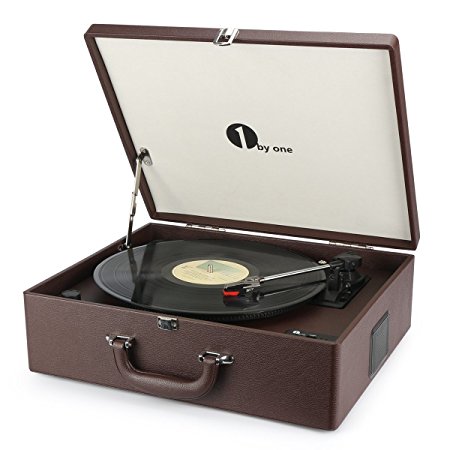 1byone Suit-case Style Turntable with Speaker, Bluetooth support and Vinyl-To-MP3 Recording, Belt Driven Record Player, Wine Red