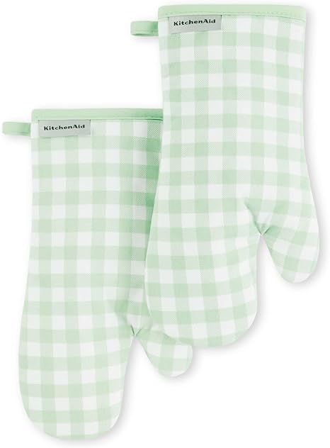 KitchenAid Gingham Oven Mitt 2-Pack Set, Pistachio, 7"x13"