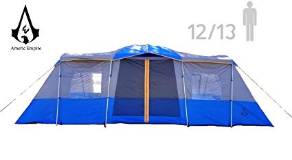 Americ Empire Cabin Tent with 3 Room. XL Huge Family Camping Isolated Tent Large 13 Person Waterproof Shelter (21ft x 10ft). Durable Oversize Fits Up to 6 Queen Beds. Easy Assembly with Mosquito Mesh