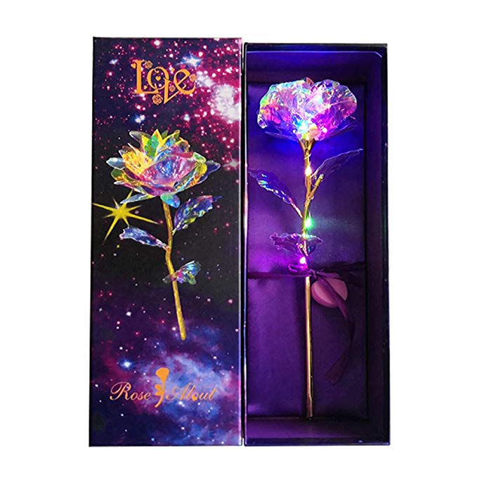 KIRIFLY Artificial Rose Gifts Fake Flowers Roses Presents for Women LED Light Plastic Cellophane Flower Birthday Anniversary Engagement Colorful Gifts