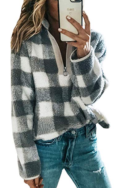 Angashion Women's Long Sleeve 1/4 Zip Up Lapel Fleece Sweatshirt Warm Plaid Fluffy Hoodies Pullover