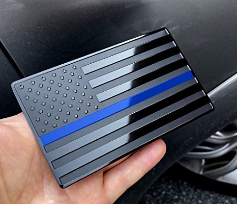 USA American Embossed Stainless Steel Metal Flag for Cars, Trucks Show Support of Police and Law Enforcement Officers Black with Thin Blue Line 5"x3"