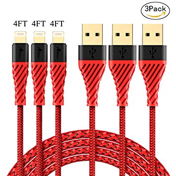 Aimus iPhone 7 Charger Lightning Cable 3 Pack 4FT 8 Pin Nylon Braided Lightning to USB Charging Cable Cord Compatible with iPhone X/8/8 Plus/7/7 Plus/6/6S Plus/5S/iPad and iPod (Red-4ft)