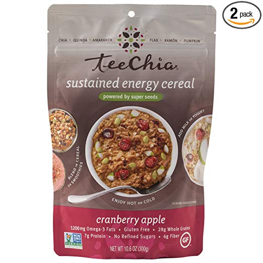 TeeChia Organic Super Seeds Cereal – Cranberry Apple – Nutrient Dense Instant Breakfast | No Sugar Added | Gluten Free | High in Fiber | High in Protein | Non-GMO, 10.6 Ounce (Pack of 2)