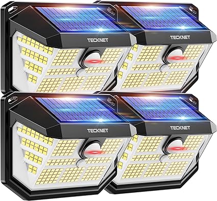 TECKNET Outdoor Solar Light 231 LED, 3 Modes Motion Sensor, Solar Powered Security Light 300° Wide Angle, IP65 Waterproof, Solar Wall Light for Front Door/Fence/Yard/Garage/Garden (4 Pack)