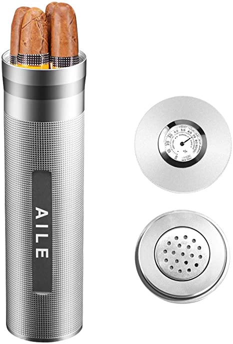 AILE Cigar Stainless Steel humidor Silver Travel Cigar case Tube for 3 to 4 Cigars, Portable Cigar case, Cigar Hygrometer, Great Gift for Lover