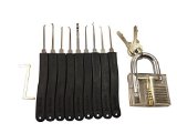 eMTOA 12-Piece Unlocking Lock Pick Set and Key Extractor Tool plus Transparent Practice Padlock with 2 keys