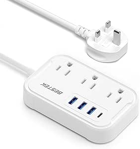 BESTEK UK Travel Plug Adapter: US to UK Plug Adapter - Type G Adapter and Converter Power Strip with 3 AC Outlets and 4 USB(1 PD20W) - for USA to UK Ireland Scotland Hong Kong British London 2.6ft