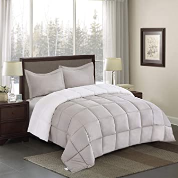 HIG Light Khaki All-Season Reversible Down Alternative Quilted Comforter - Lightweight - Hypoallergenic Microfiber Fill - Corner Duvet Tabs - Box Stitched - Machine Washable - Full/Queen Size