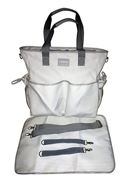 KidZone by IPP - 2 in 1 Baby Diaper Bag - Functional Duffle Overnighter Tote - Quality Canvas w/Table Topper changing pad (Grey/White Mini-Stripe Grey Trim)