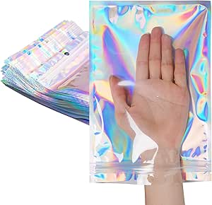 50 Pcs Holographic Resealable Packaging Bags for Small Business, Foil Pouch Sample Bags, Cute Ziplock Smell Proof Storage Bags for Packaging Lipgloss, Jewelry, Cosmetic, Candy, 6x9 inch