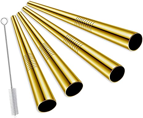 ALINK Extra Wide Reusable Gold Stainless Steel Boba Smoothie Straws, 12mm Jumbo Metal Bubble Tea/Milkshakes Straws, Pack of 4 with Cleaning Brush & Carrying Case