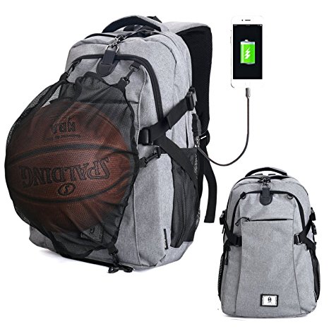 G1-Tech Basketball Backpack, Soccer Backpack, Football Backpack, Computer Backpack Business Laptop Backpack with USB Port, Headphone Pouch and Ball Holder with Basketball Net for Women/Men - Gray