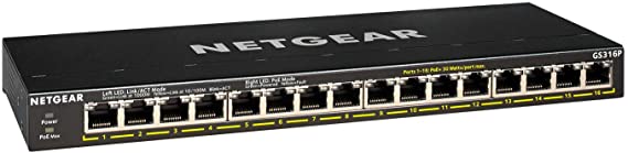 NETGEAR 16-Port Gigabit Ethernet Unmanaged PoE  Switch (GS316P) - with 16 x PoE  @ 115W, Desktop/Wallmount, Sturdy Metal