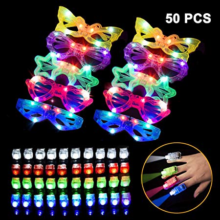 HLXY LED Light Up Toys 50 PCS Party Favors - 10 Light Up Glasses,40 Light Up Finger Lights, Bulk Glow in The Dark Party Supplies for Adults and Kids