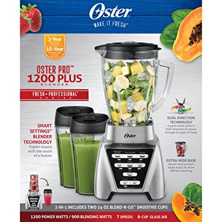 Oster Pro 1200 Plus Dual Direction Blade 7 Speed 2-in-1 Blender with 2 24-oz Smoothie Cups and Glass Jar, Brushed Nickel