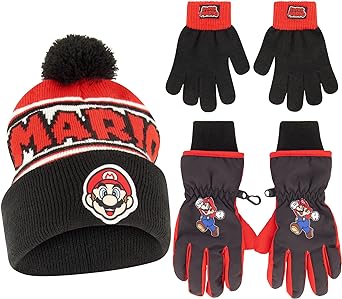 Nintendo Boys Winter Hat with Knit Gloves and Insulated Ski Glove Set, Super Mario For Age 4-7