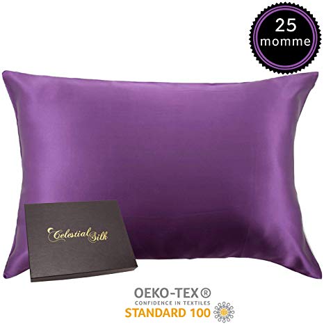Celestial Silk 100% Pure Mulberry Silk Pillowcase Premium 25 Momme for Hair and Skin, Hypoallergenic Charmeuse Silk Weave on Both Sides - Hidden Zipper Closure (Queen, Plum)