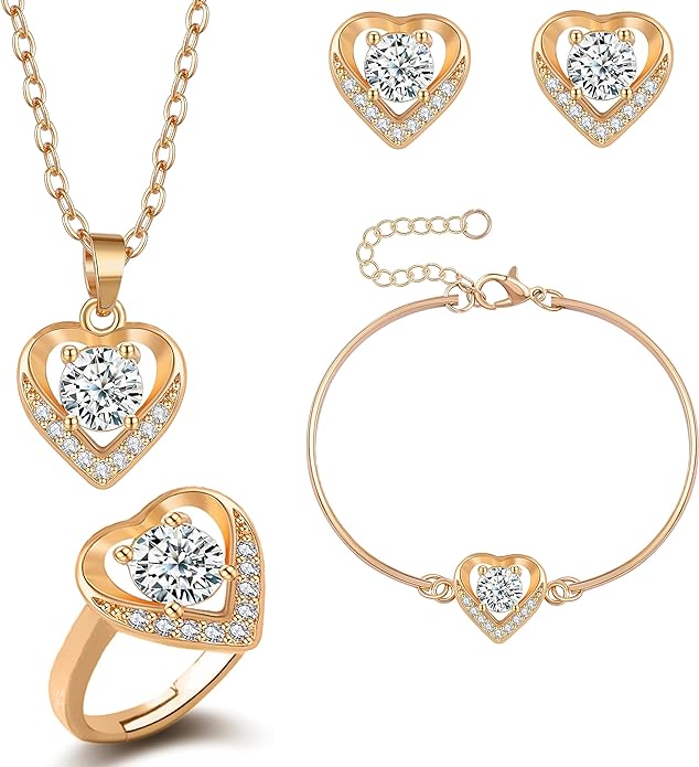 4pcs Cubic Zirconia Wedding Jewelry Sets for Bride Bridesmaid Cubic Zirconia Pendant Necklace Earrings Link Tennis Bracelet Open Ring Set for Women Birthday/Valentine's Day/Mother's Day/Christmas