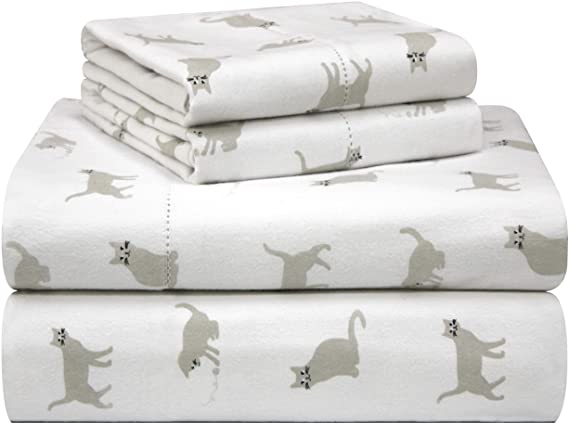Pointehaven 180 GSM Velvet Feel Luxury Cotton Printed Flannel Sheet Set, Full, Cats