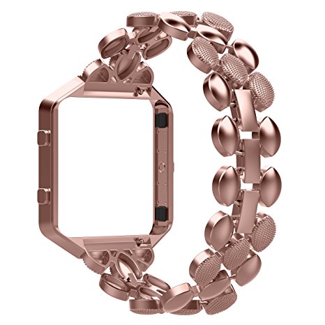 For Fitbit Blaze Strap and Frame, Wearlizer Stainless Steel Metal Band Replacement, Metal Accessories Wrist Strap for Fitbit Blaze Women Men - Rose Gold / Silver / Black