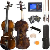 Mendini 44 MV50092D Flamed 1-Piece Back Solid Wood Violin with Case Tuner Shoulder Rest Bow Rosin Bridge and Strings - Full Size