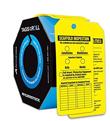 Accuform TAR718 Tags By-The-Roll Inspection and Status Tags, Legend"SCAFFOLD INSPECTION", 6.25" Length x 3" Width x 0.010" Thickness, PF-Cardstock, Black on Yellow (Pack of 100)