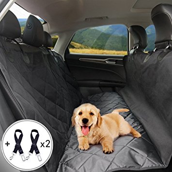CALISH Dog Seat Cover for Cars, Waterproof Pet Car Seat Covers, Dog Hammock, Heavy Duty Rear Seat Protector, Slip-proof, Black with Two Dog Seat Belt