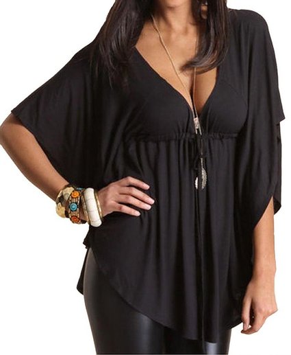 Women's Deep V Neck Batwing Short Sleeve Casual Loose Blouse Tunic Tops