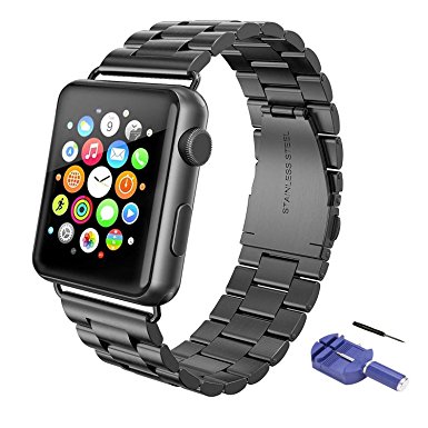 Sundo Premium Stainless Steel Metal Replacement iWatch Strap Unique Polishing Process Business with adapter Accessories for Apple Watch band Series 3 / 2 / 1 (black 42mm)