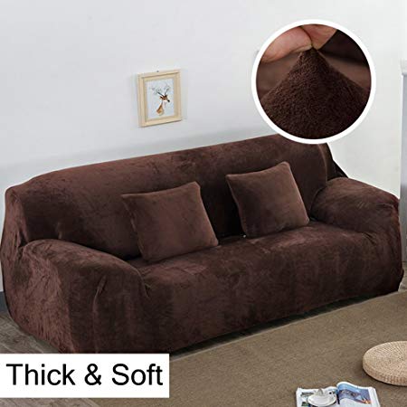 Thick Sofa Covers 1/2/3/4 Seater Pure Color Sofa Protector Velvet Easy Fit Elastic Fabric Stretch Couch Slipcover size 4 Seater:235-300cm (Coffee)