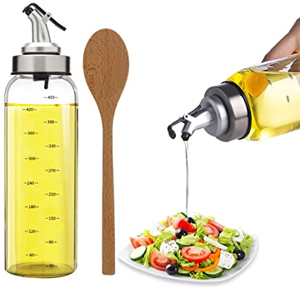 TIMGOU 17oz Olive Oil Dispenser with a 9.3" Wood Salad Spoon, Lead-Free Glass Bottle Oil Container No Drip Pourer for Salad Dressing Cruets for Balsamic Vinegar, Soy Sauce
