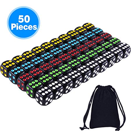 AUSTOR 50 Pcs Dice Set 6 Sided Rounded Edges Black Dice with Colorful Pips with a Free Storage Bag